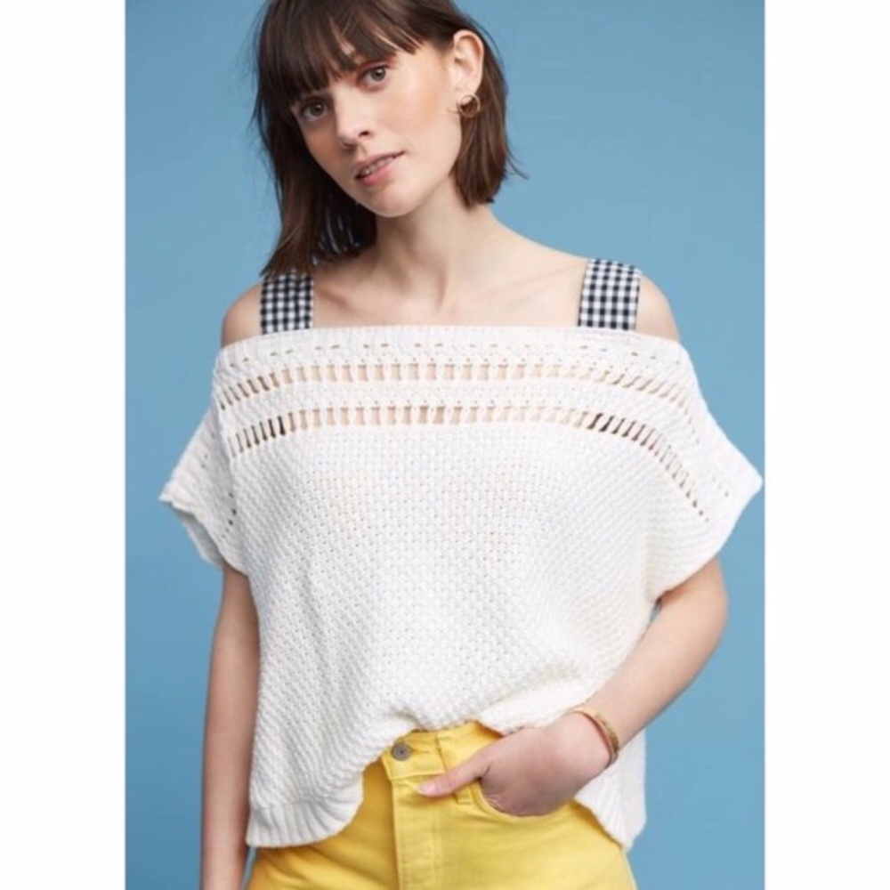 Maeve by Anthro Gingham Ribbon sleeve Sweater Top